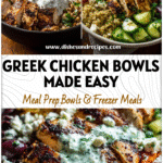 A vibrant Greek Inspired Chicken Bowl with grilled chicken, fresh veggies, tzatziki sauce, and grains for a Greek Power Bowl Recipe.